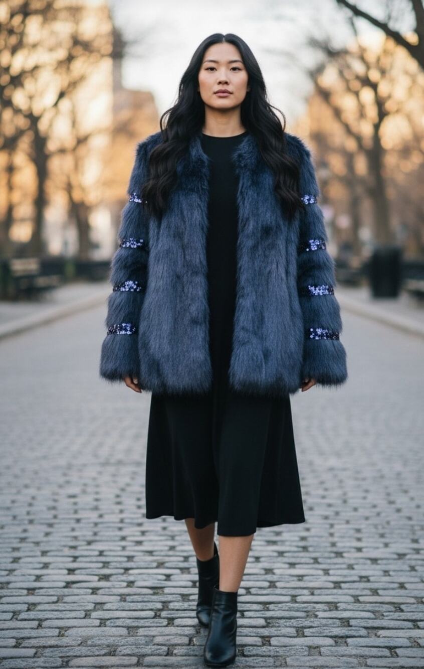 Faux Fur Embellished Sequin Jacket Blue Relaxed Fit Size Medium NWT Joan Boyce